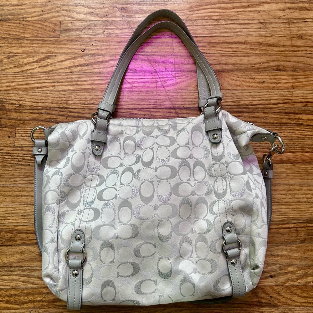 Y2K Coach White & Gray Metallic Signature Alexandra Slouch Satchel